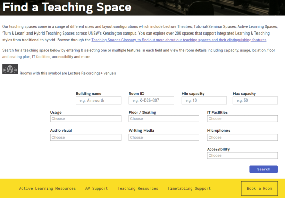 Find a teaching space search engine interface