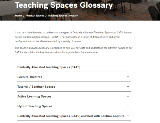 Teaching Spaces Glossary interface