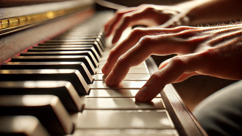 AI generated image of hands playing chords on the piano (Dall-E generated)