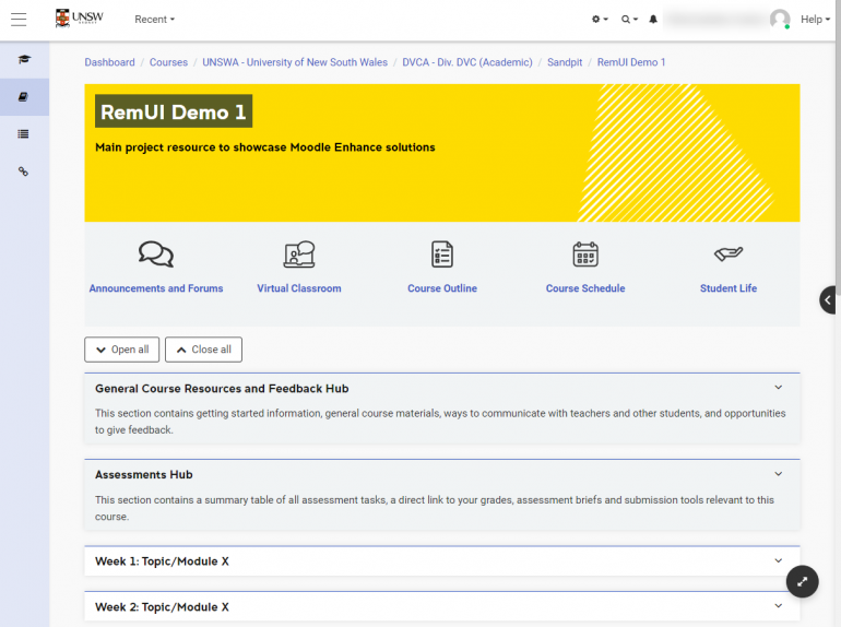 Screenshot of Moodle new theme