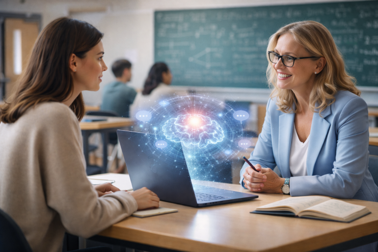 teacher and student sitting at a table, with AI present