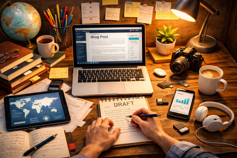 A laptop on a desk with hands taking notes on a piece of paper