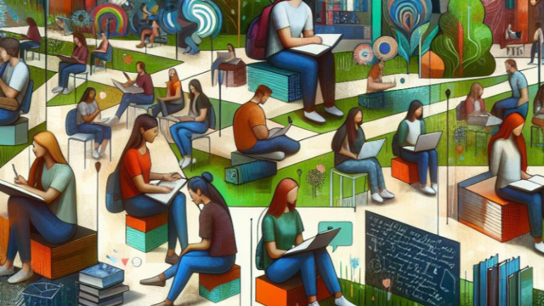 AI generated image of students reading and reflecting, generated by Copilot
