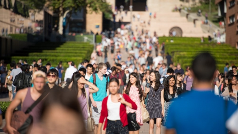 Students walking down main walkway