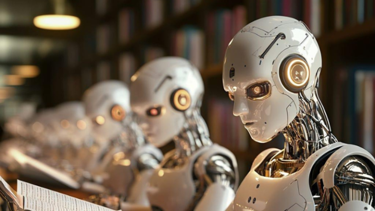 Robots reading, generated by AI