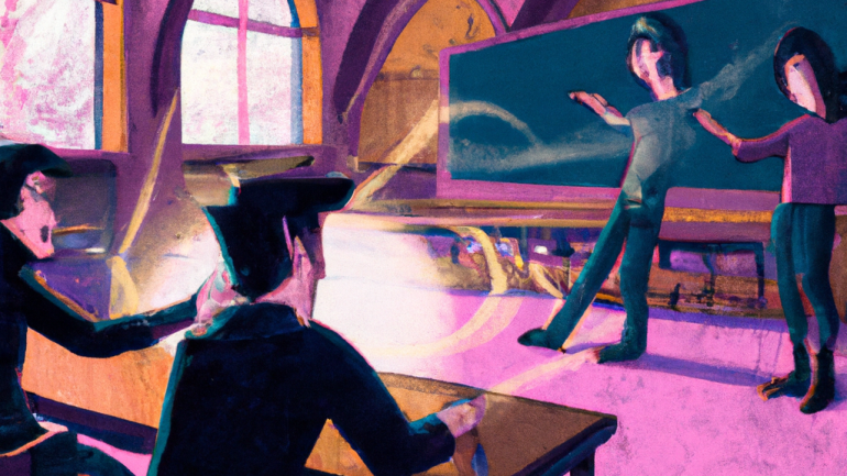 DALL·E 2023 artistic painting of students using magic in a university classroom