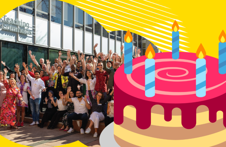 Group image of CDI group 2024 outside Teaching Commons and birthday cake graphic
