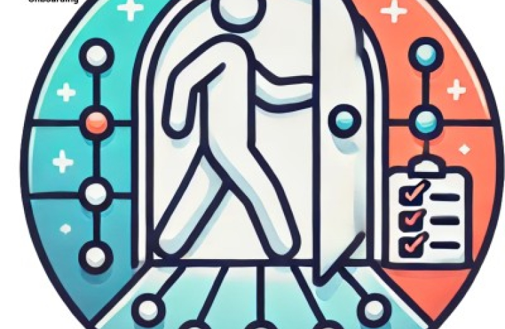 A stock illustration a person stepping through an open doorway, moving from one side to another.