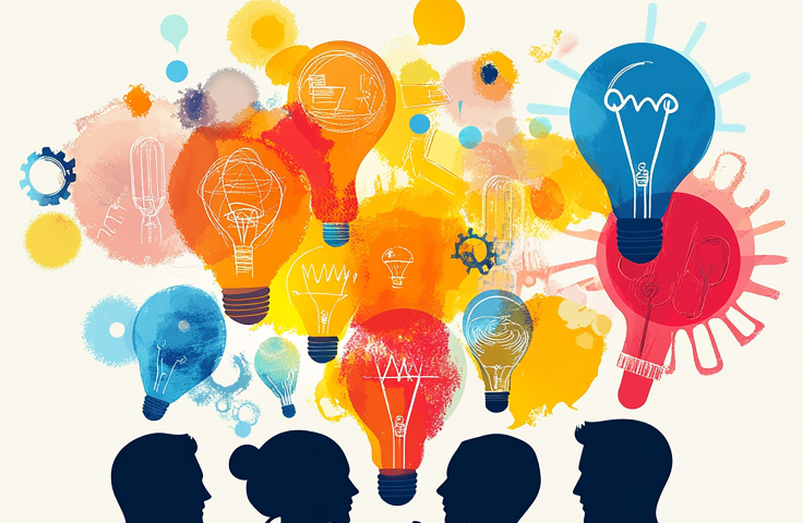 4 silouettes of people with thought bubbles and colourful lightbulbs above them