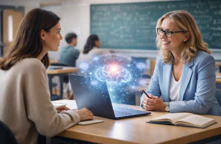 teacher and student sitting at a table, with AI present