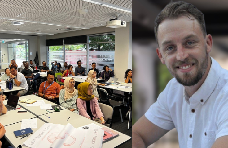 Two photos together: Left is a classroom and on the right is a photo of James Bedford