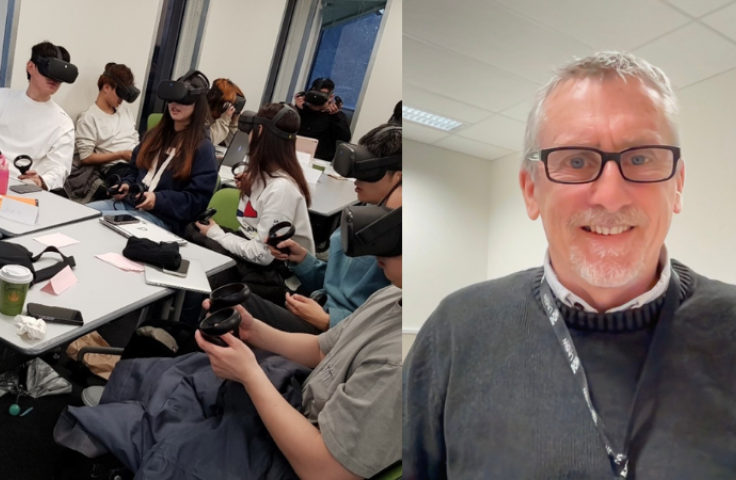 Students wearing VR headsets in a classroom on the left and photo of Brian Landrigan on the right