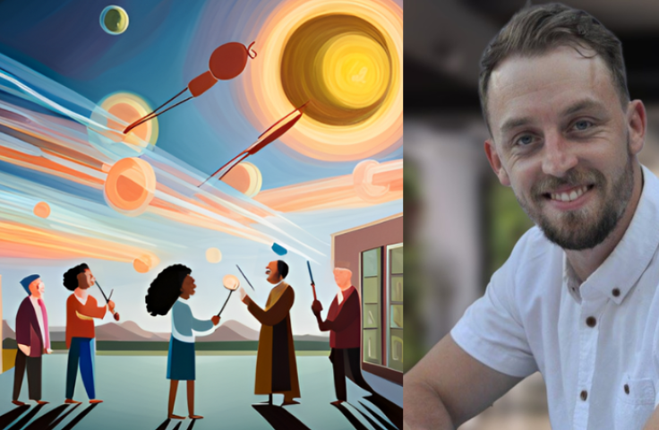 Left: AI generated image students with wands with planes in the background. Right: Photo of James Bedford