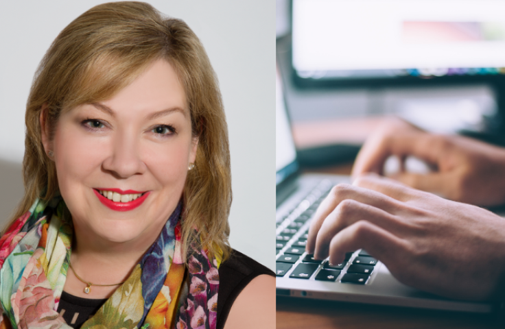 Hands typing on computer and headshot of A/Prof. Lynn Gribble