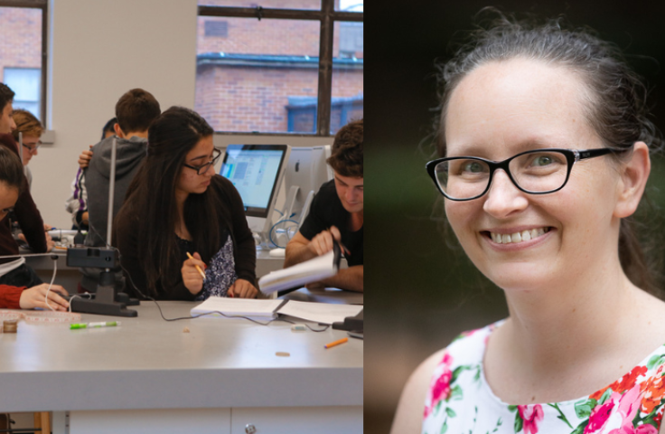 Left photo of first year physics students. Right photo is Prof Liz Agnstmann