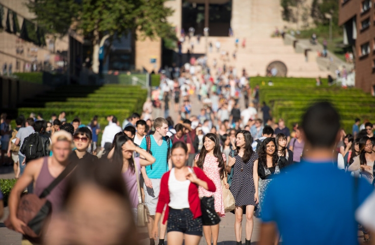 students walking down the main walkway