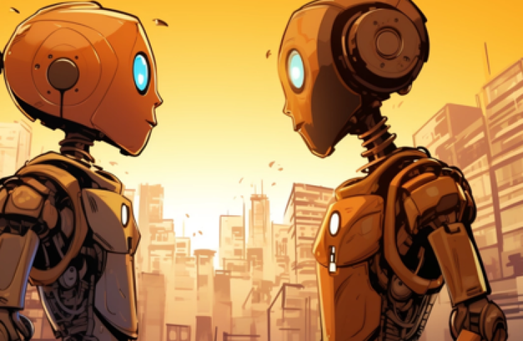 Two robots staring at each other against a senset in the background