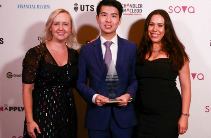 Courtney Wright, Director, Career Accelerator @ UNSW Business School with student Arthur Chao, winner of the 2020 Westpac Banking, Insurance & Financial Services Award, and Vicky Simao, UNSW Community Engagement Officer [from left].